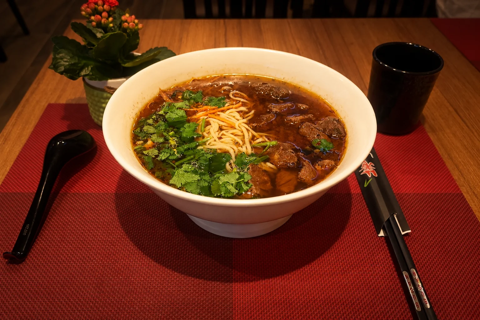 Soupe de nouilles sur un set de table rouge, lumière du soir