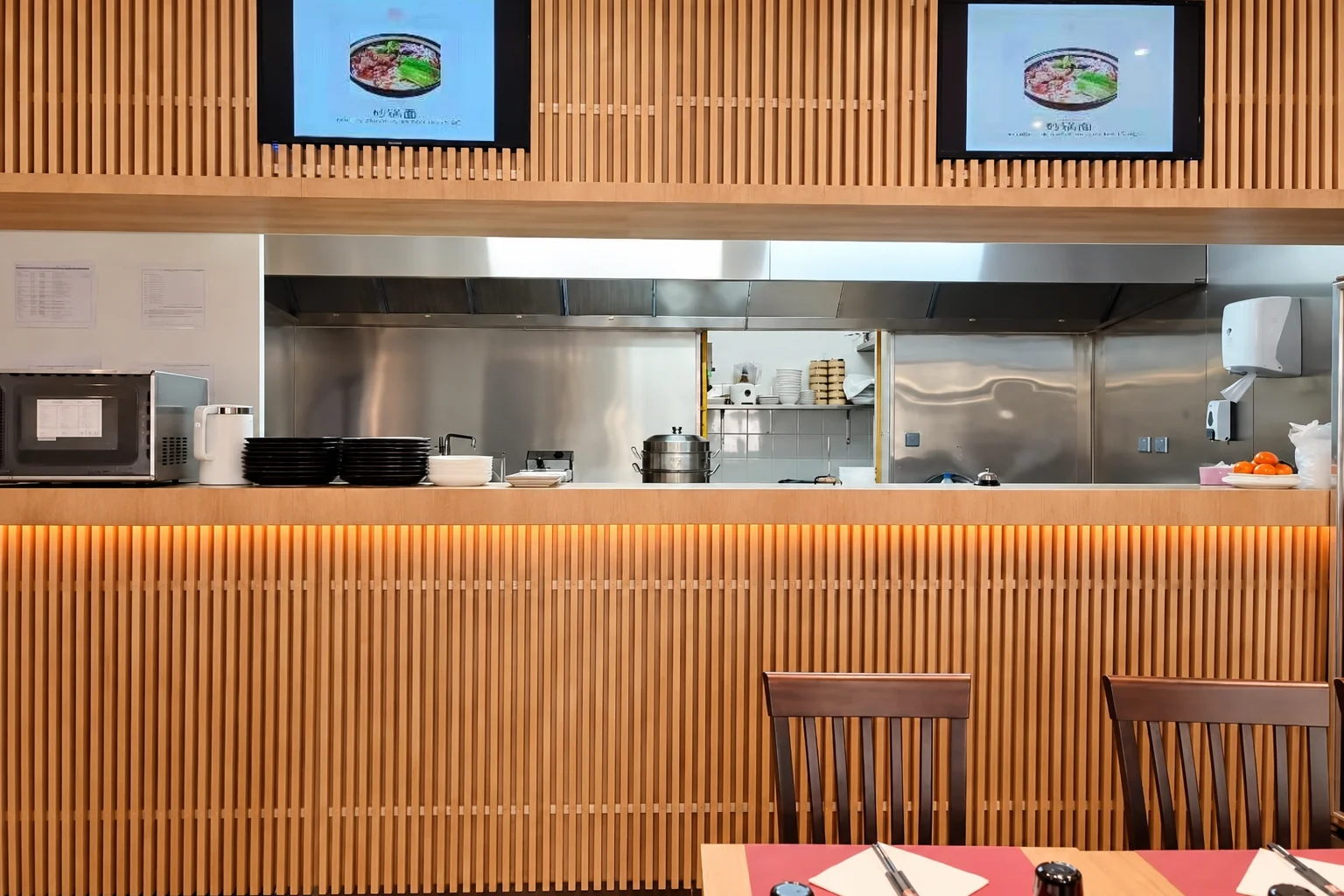 Lattes de bois, écrans et cuisine en inox